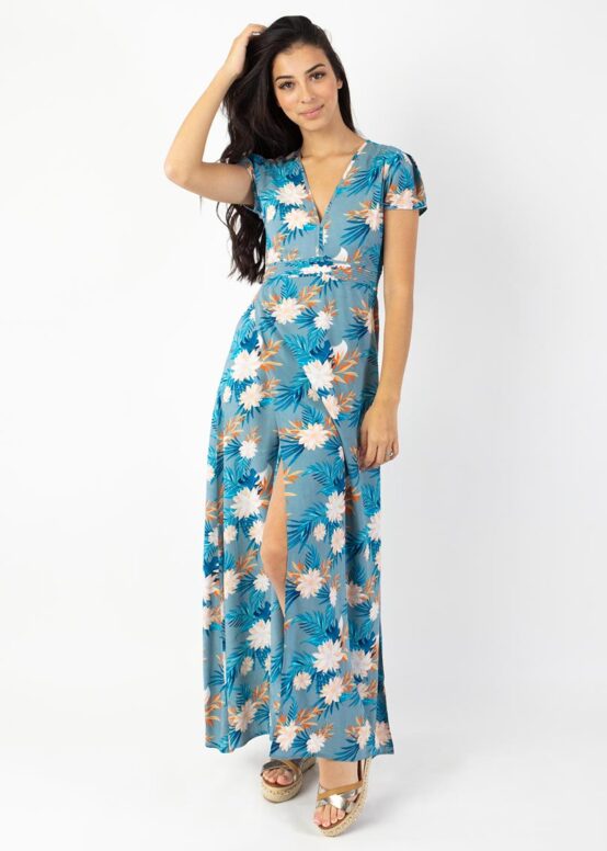 Robe Longue MARBELLA Imprimé Exotique Gris